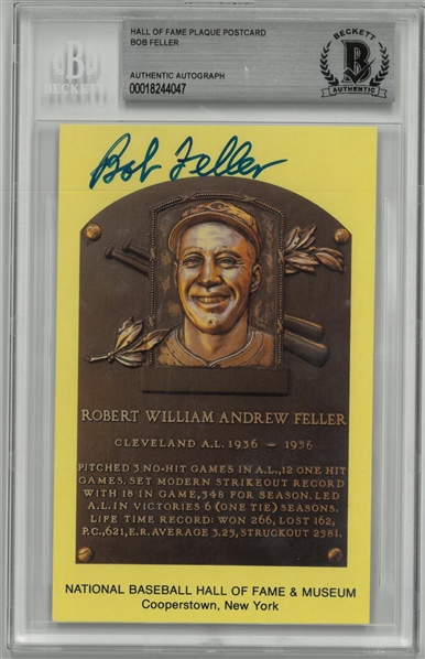 Bob Feller Autographed Hall of Fame Plaque Postcard