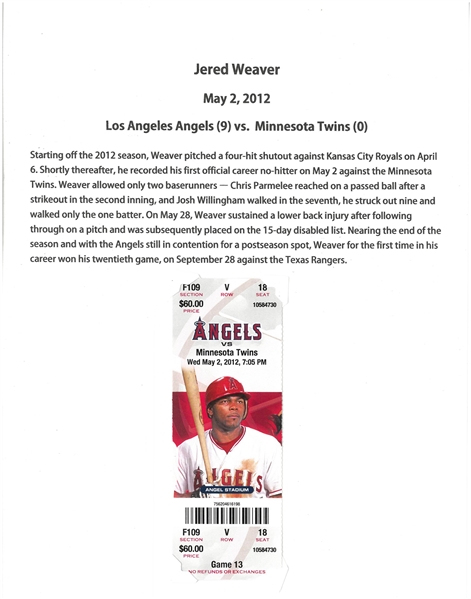 Jered Weaver No Hitter Ticket