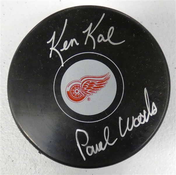 Ken Kal & Paul Woods Autographed Red Wings Puck