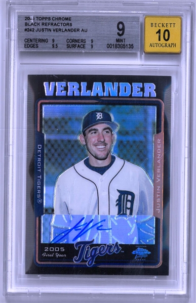 Justin Verlander BGS 9 BAS 10 2005 Topps Chrome Black Refractor Autograph #135/200 Rookie Card
