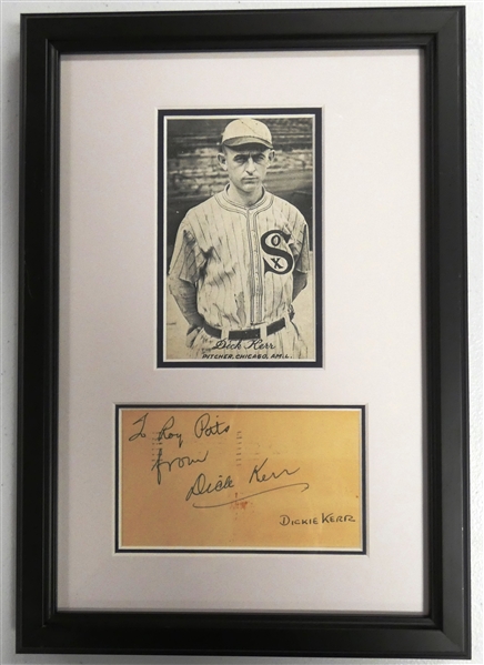 Dickey Kerr Autographed Index Card Display - 1919 Black Sox Pitcher