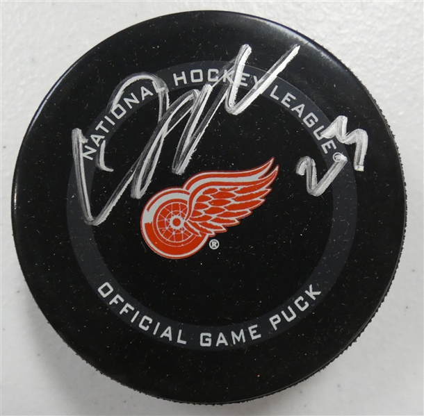 Lucas Raymond Autographed Red Wings Puck