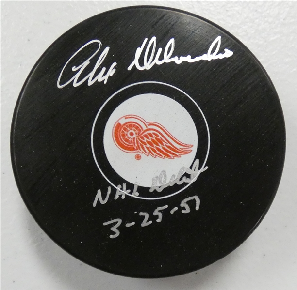 Alex Delvecchio Autographed NHL Debut Inscribed Red Wings Puck