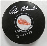 Alex Delvecchio Autographed NHL Debut Inscribed Red Wings Puck