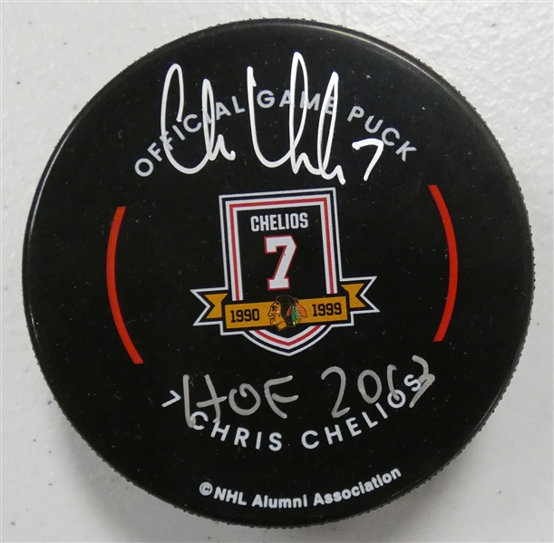 Chris Chelios Autographed Blackhawks Jersey Retirement Puck