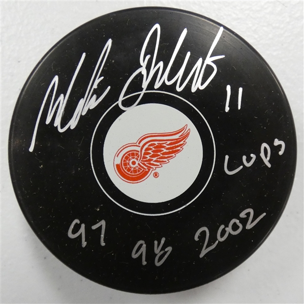 Matthieu Dandenault Autographed Red Wings Puck w/ Cups