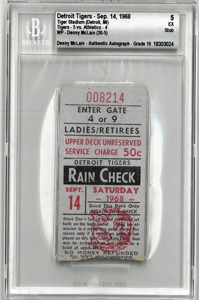 Denny McLain 30th Win 1968 Autographed Ticket Stub