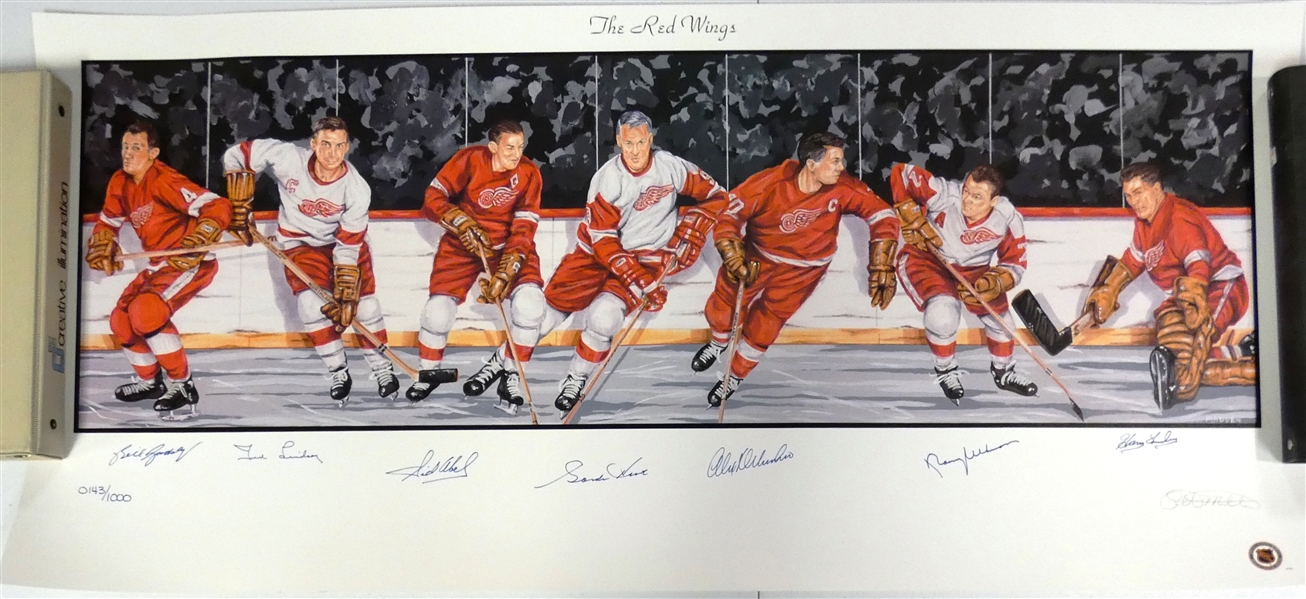Detroit Red Wings 18x38 Autographed Lithograph (Howe, Gadsby, Lindsay, Delvecchio, Lumley, Abel & Ullman)