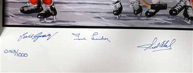 Detroit Red Wings 18x38 Autographed Lithograph (Howe, Gadsby, Lindsay, Delvecchio, Lumley, Abel & Ullman)