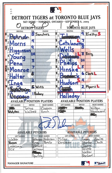 Kirk Gibson Autographed 9/6/2003 Lineup Card