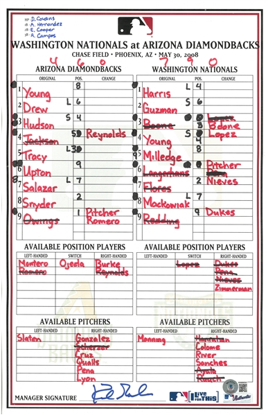 Kirk Gibson Autographed 5/30/2008 Lineup Card