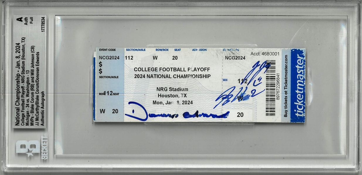 Michigan Wolverines National Champions Ticket Signed by Edwards, Corum & McCarthy