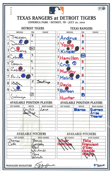 Rangers Vs. Tigers 7/20/2010 Lineup Card