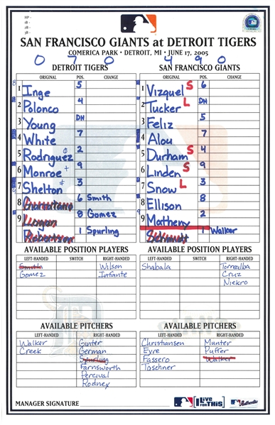Giants vs. Tigers 6/17/2005 Lineup Card