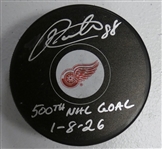 Patrick Kane Autographed Red Wings Puck w/ 500th Goal