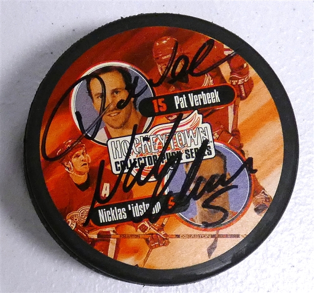Pat Verbeek & Nicklas Lidstrom Autographed Photo Puck