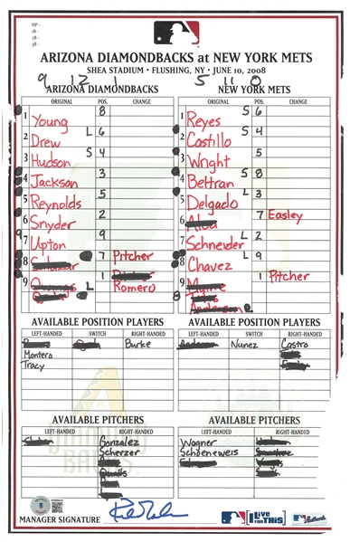 Kirk Gibson Autographed 6/10/2008 Lineup Card