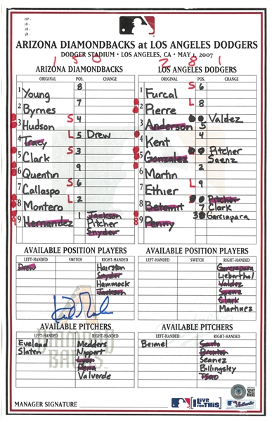 Kirk Gibson Autographed 5/1/2007 Lineup Card