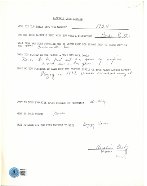 Hughie Critz Autographed Questionnaire