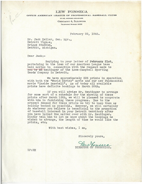 Lew Fonseca Signed Letter to Jack Zeller