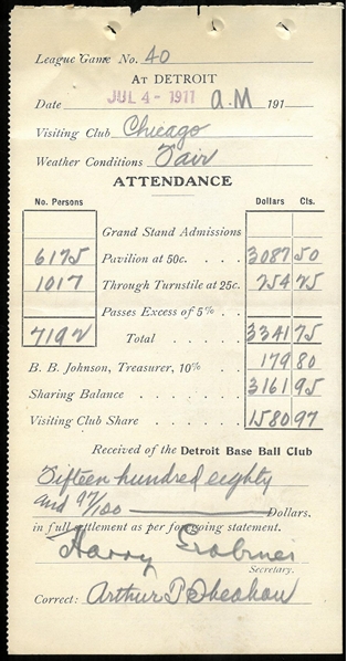 Harry Grabiner Signed 1911 Gate Receipt (Key 1919 Black Sox Figure)