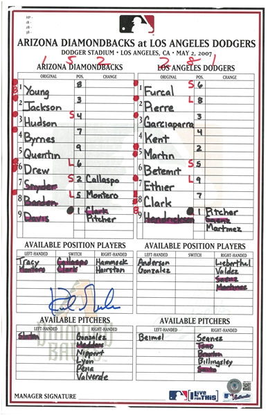 Kirk Gibson Autographed 5/2/2007 Lineup Card