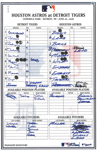Houston Astros @ Detroit Tigers 6/26/2006 Lineup Card