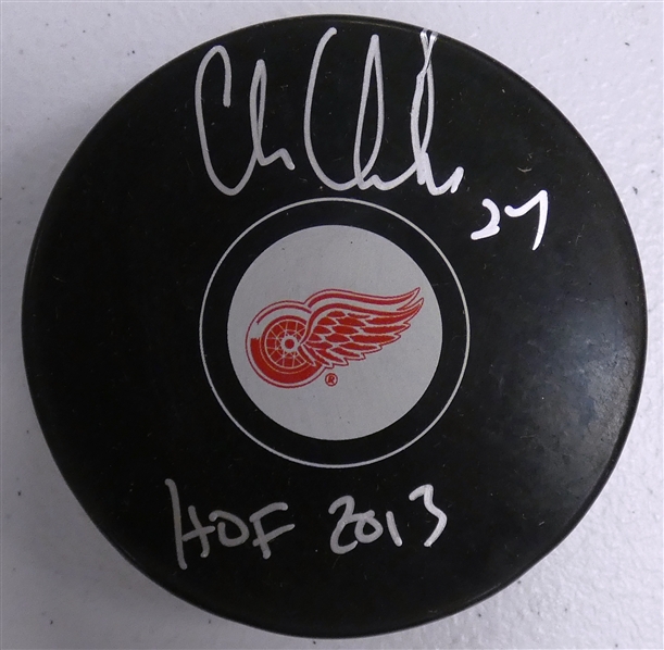 Chris Chelios Autographed Red Wings Puck w/ HOF
