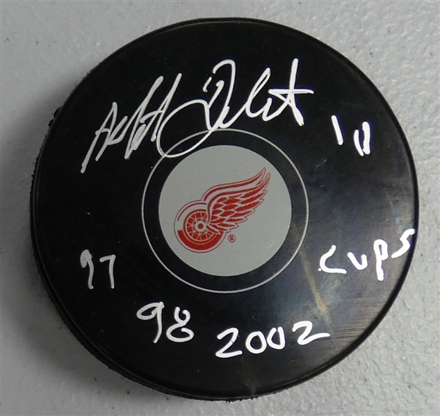 Matthieu Dandenault Autographed Red Wings Puck w/ Cup Years
