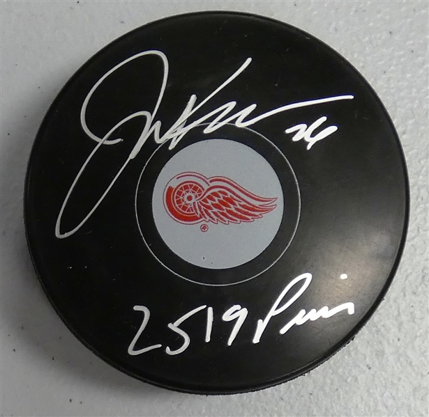 Joe Kocur Autographed Red Wings Puck w/ Penalty Minutes