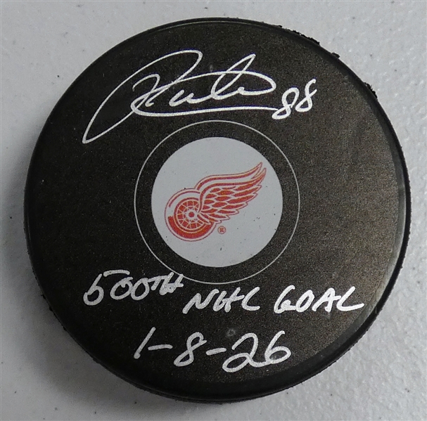 Patrick Kane Autographed Red Wings Puck w/ 500th Goal