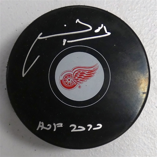 Marian Hossa Autographed Red Wings Puck w/ HOF