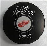 Adam Oates Autographed Red Wings Puck w/ HOF