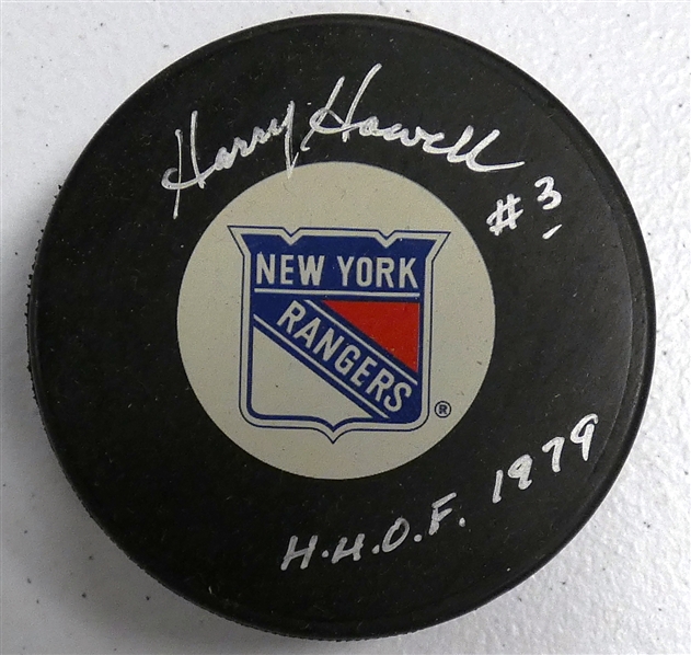 Harry Howell Autographed Rangers Puck w/ HOF