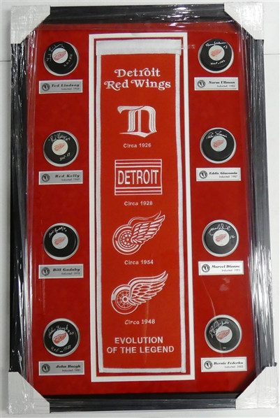 Detroit Red Wings Hall of Famers Autographed Puck Display (Pick up Only)
