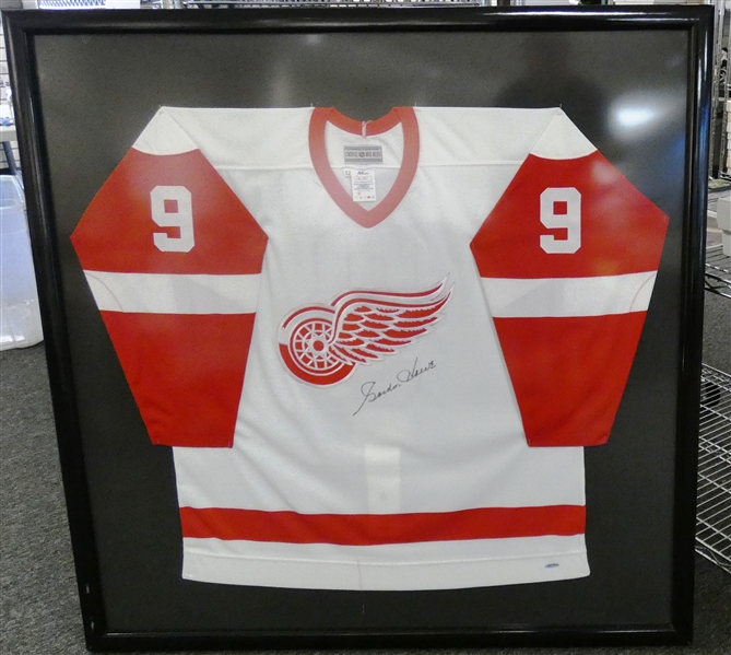 Gordie Howe Autographed Framed Red Wings Jersey (Pick up Only)