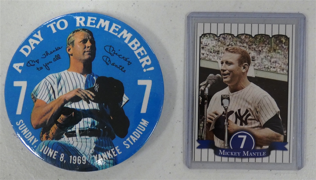 Mickey Mantle Day Button and Topps Card