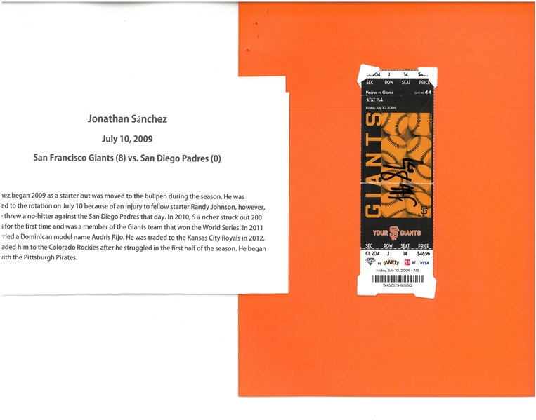 Jonathan Sanchez No Hitter Ticket