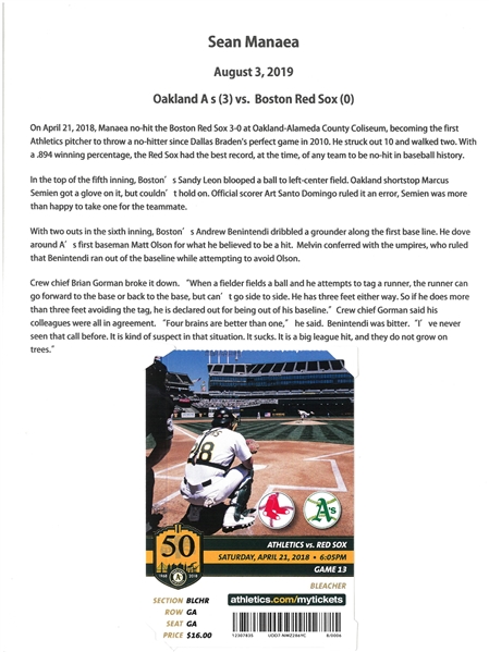 Sean Manaea No Hitter Ticket