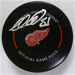 Moritz Seider Autographed Red Wings Puck