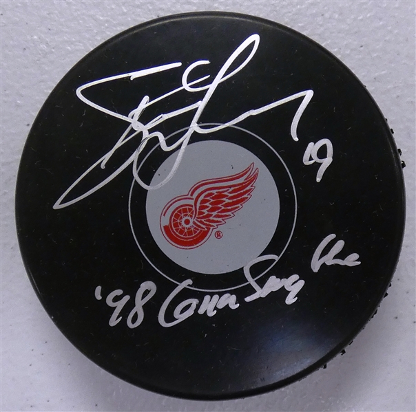 Steve Yzerman Autographed Red Wings Puck w/ 98 Conn Smythe