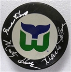 Howe Family Autographed Whalers Puck (Gordie, Mark, Marty)