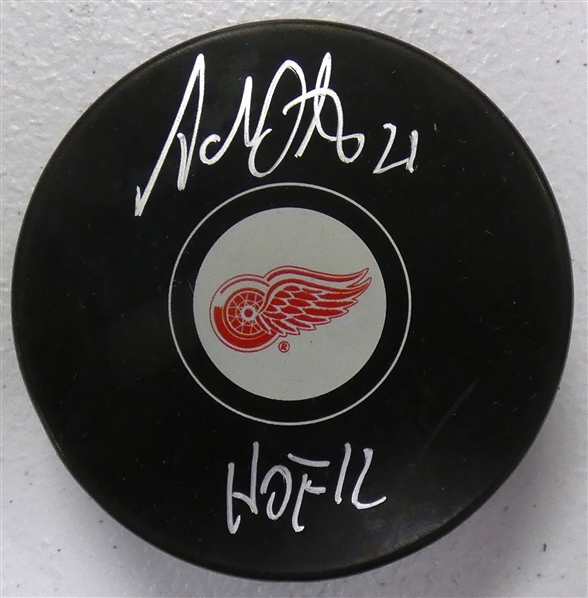 Adam Oates Autographed Red Wings Puck w/ HOF