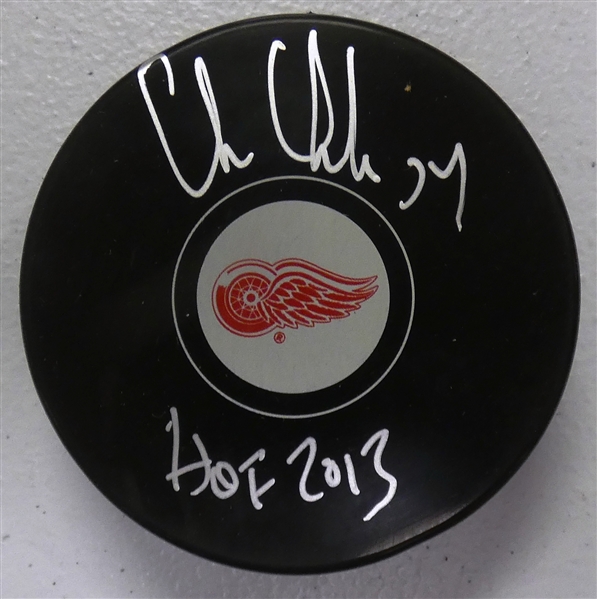 Chris Chelios Autographed Red Wings Puck w/ HOF