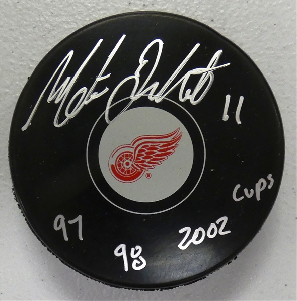 Matthieu Dandenault Autographed Red Wings Puck w/ Cup Years