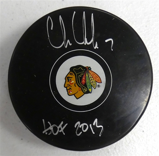 Chris Chelios Autographed Blackhawks Puck w/ HOF