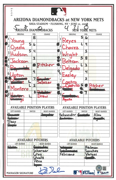 Kirk Gibson Autographed 6/12/2008 Lineup Card