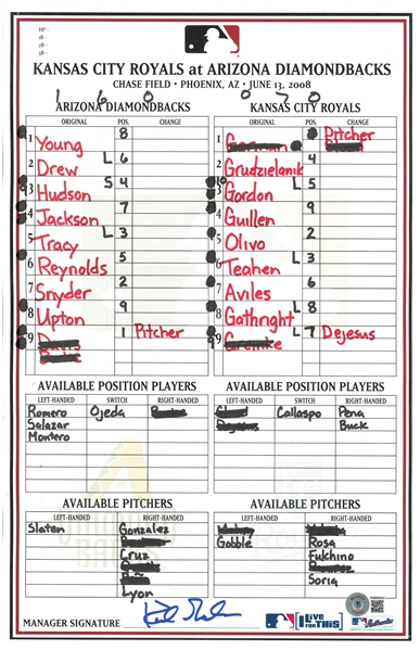 Kirk Gibson Autographed 6/13/2008 Lineup Card
