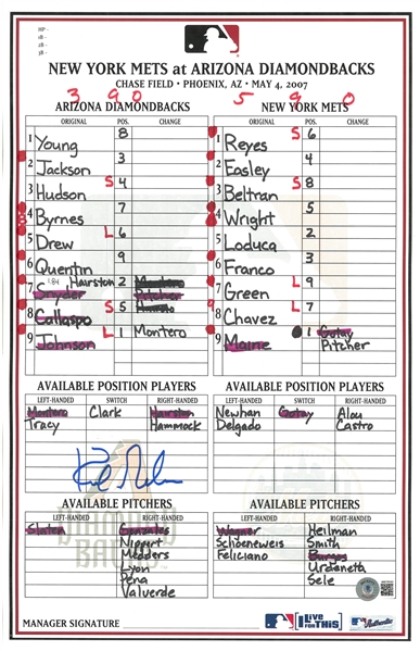 Kirk Gibson Autographed 5/4/2007 Lineup Card