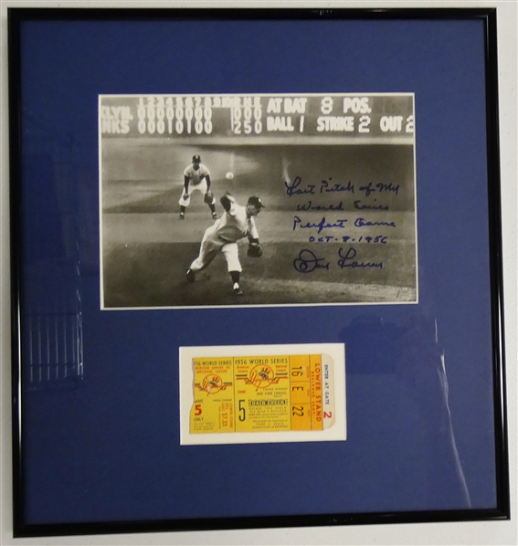 Don Larsen World Series Perfect Game Ticket & Autographed Photo Display - 1956 World Series Game 5